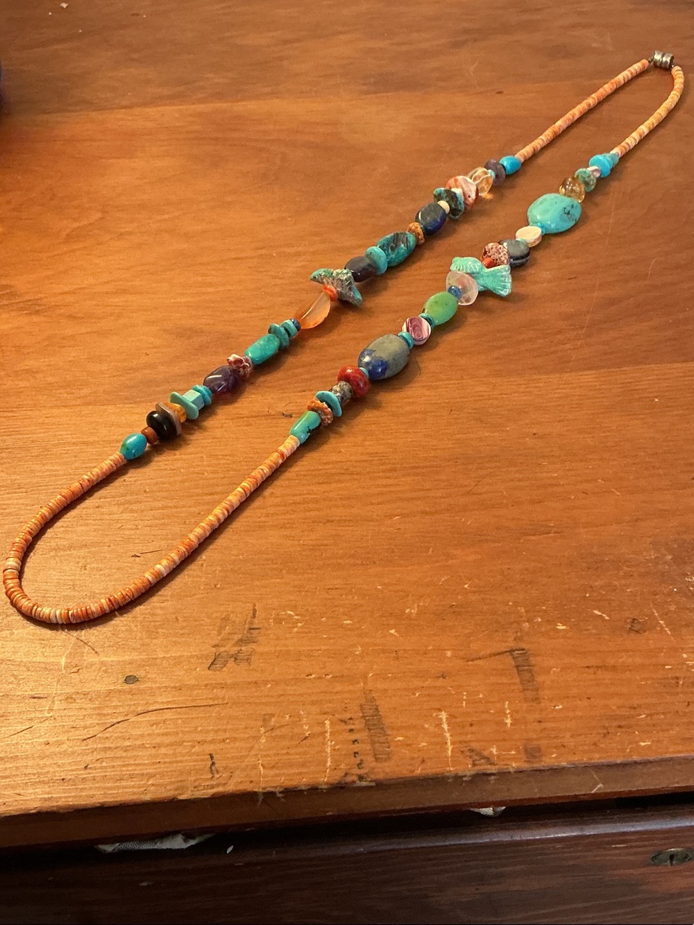 Double-Strand Bird Necklace 38” Semiprecious Stones and Heishi Beads